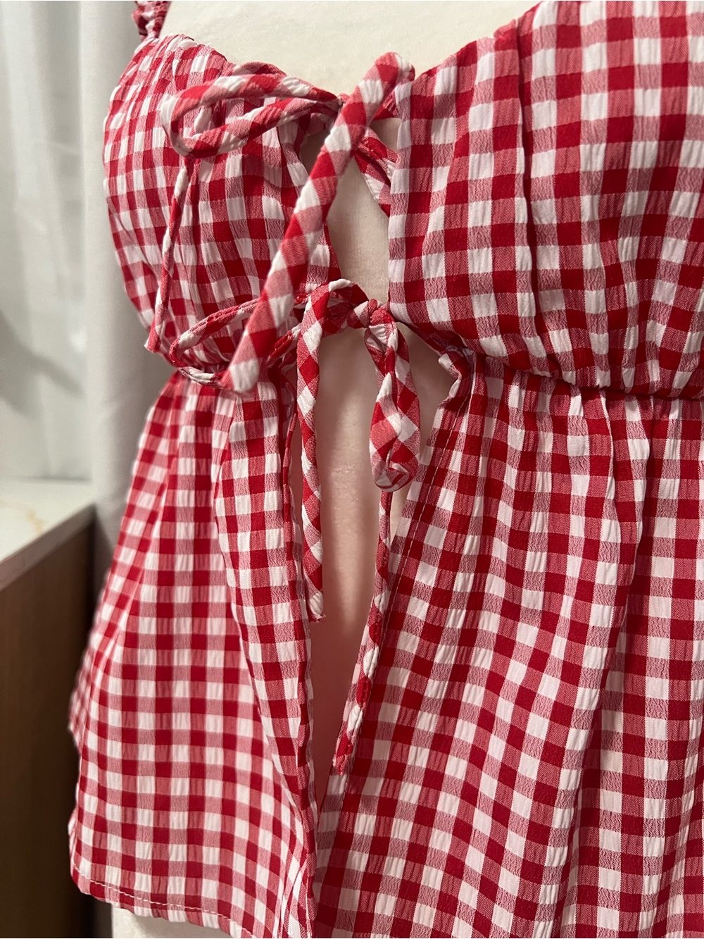 Red and White Gingham Tie-Front top